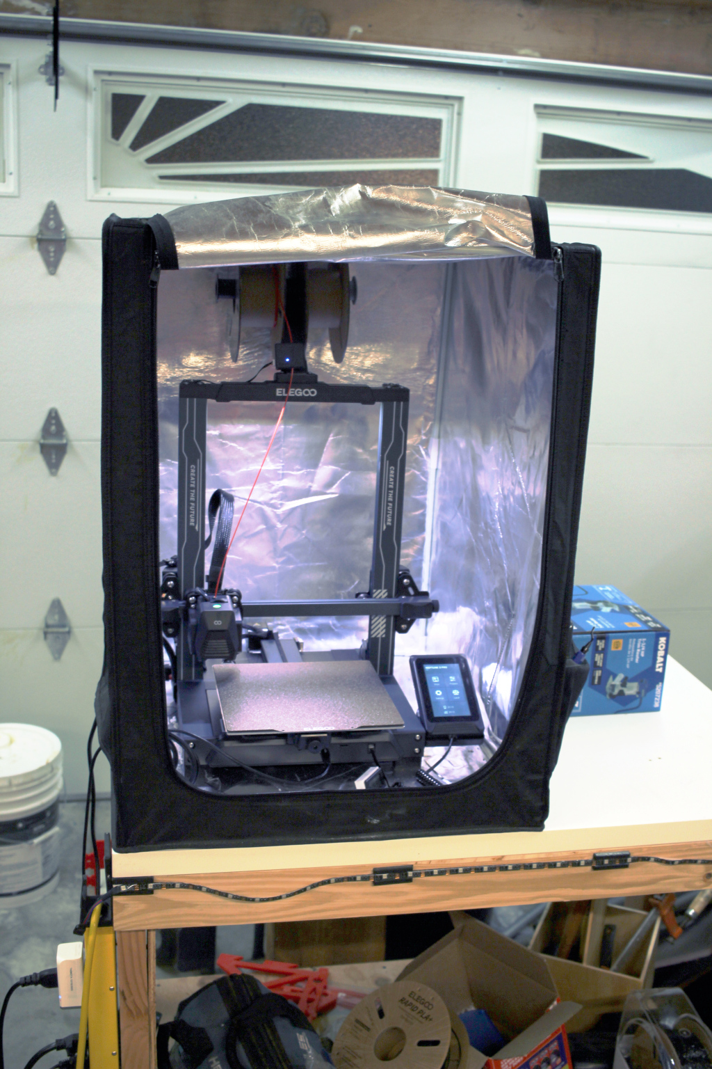 My printer, set up in the garage