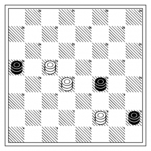 board White to move, but is already behind. Simple Checkers has walked into a poor opening. Cake and Milhouse both agree that this position is weak, and White is already almost a full man down.